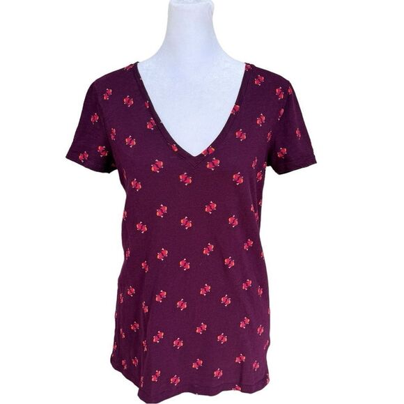 Merona V-Neck Short Sleeve Bird Print Lightweight Maroon Cotton T-Shirt. Medium. - Picture 1 of 7